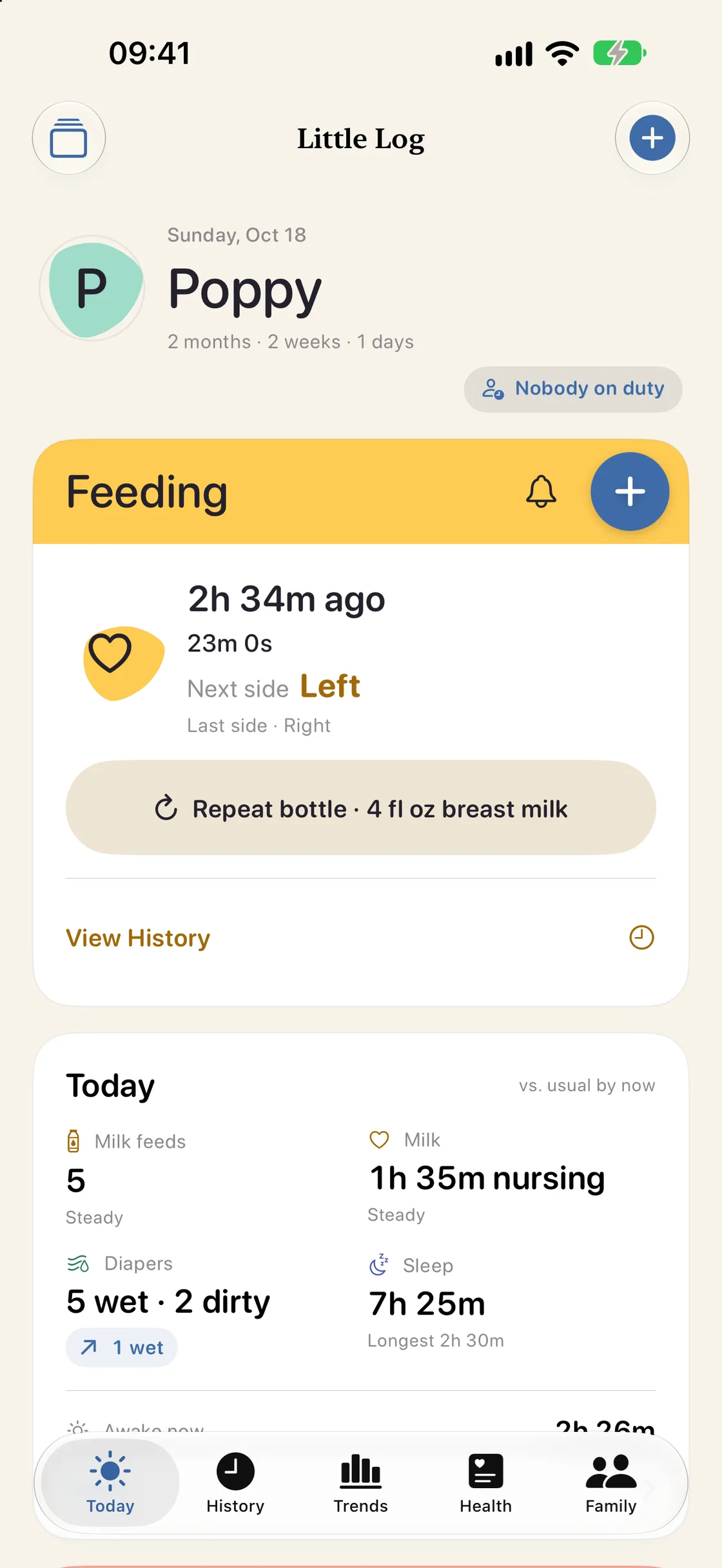 Grow, Poppy, Grow! Today screen showing time since the last feed, the next side, diapers, and sleep