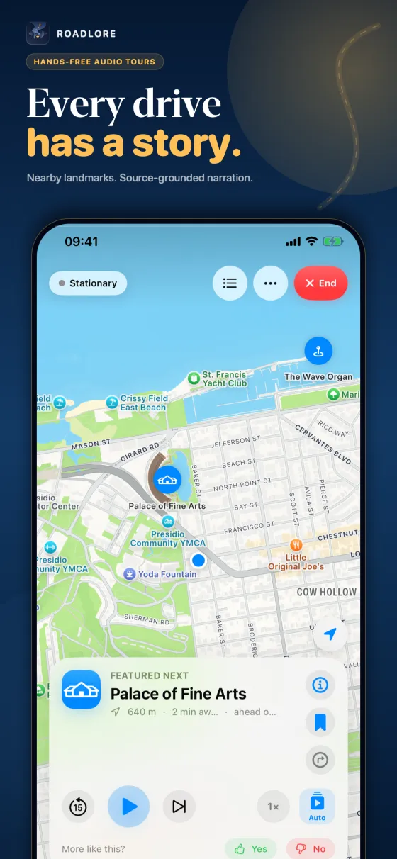 RoadLore hands-free audio tour map showing the Palace of Fine Arts nearby