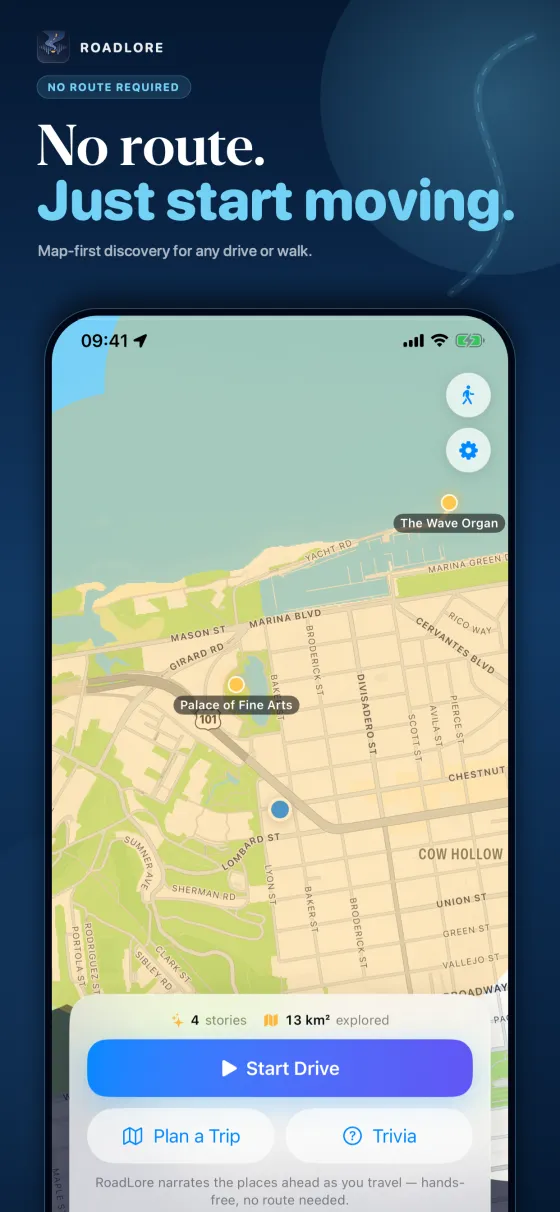 No route, just start moving RoadLore screen