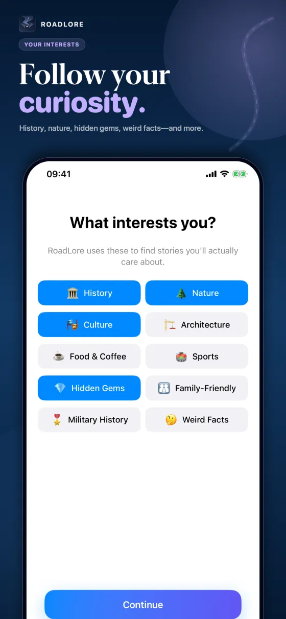 RoadLore trip focus screen with interests including history, nature, architecture, and hidden gems