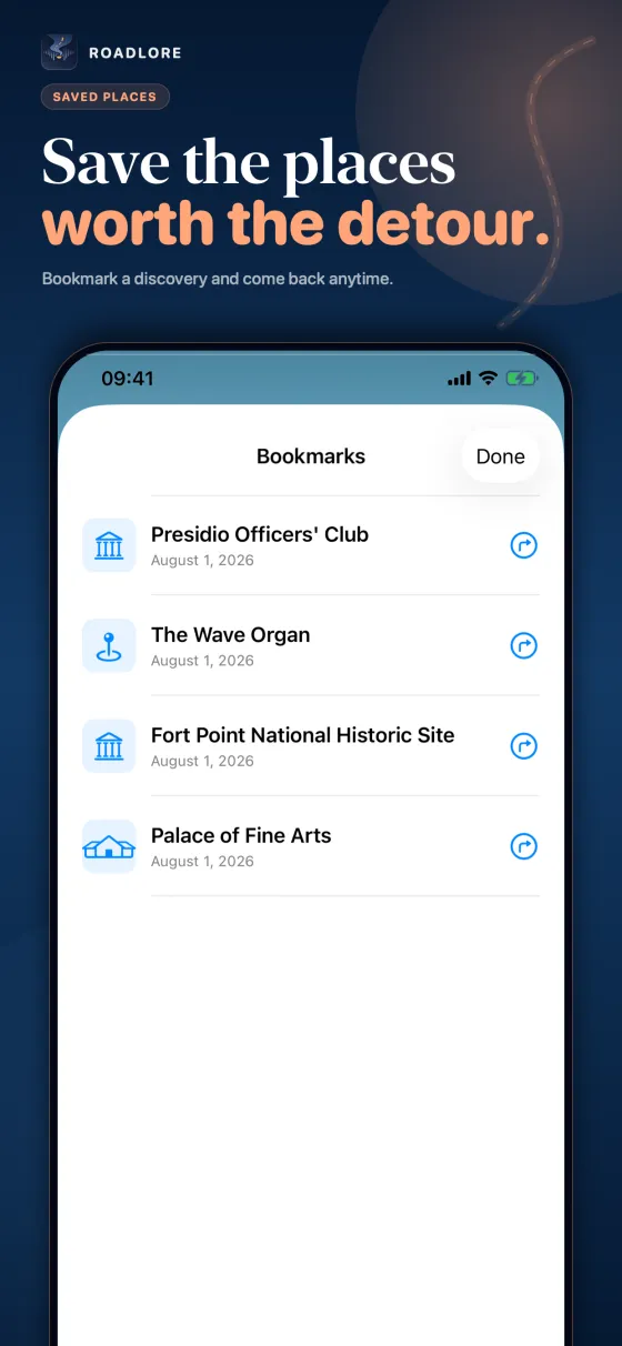 Save the places RoadLore bookmark screen