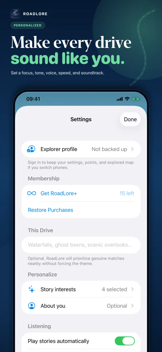 Make every drive yours RoadLore personalization screen