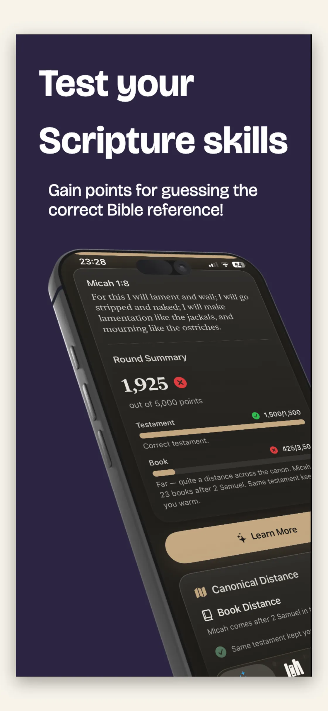 ScriptureGuessr round summary screen scoring a guess for Micah 1:8