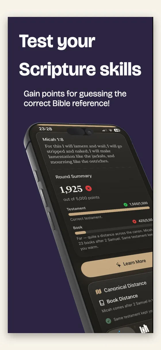 ScriptureGuessr App Store preview showing a Bible trivia result