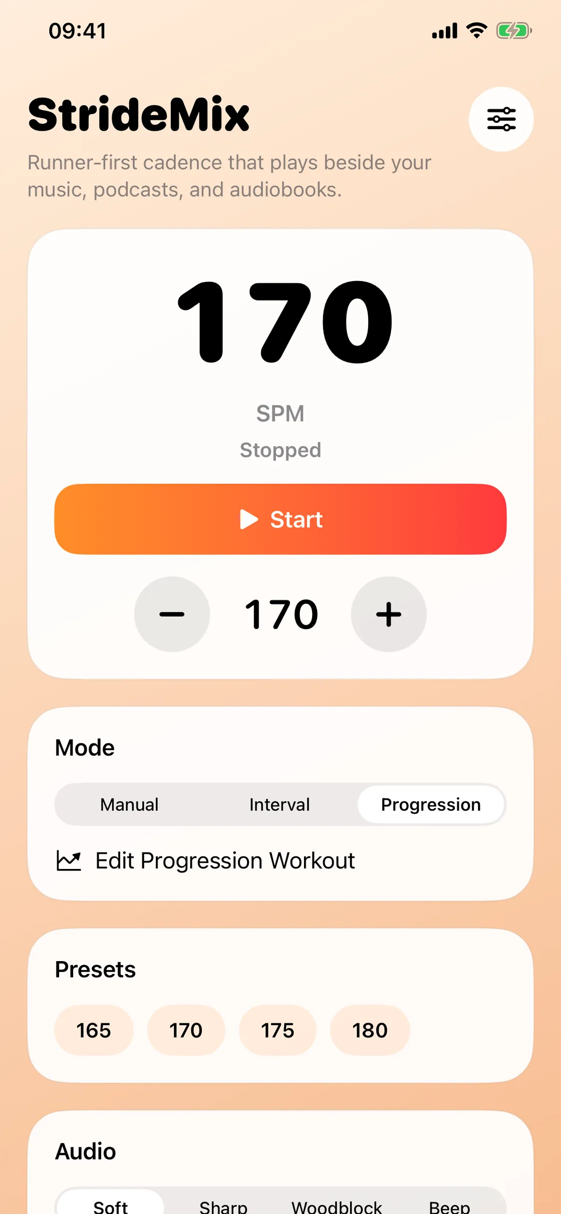 StrideMix screen set to 170 steps per minute with playback controls