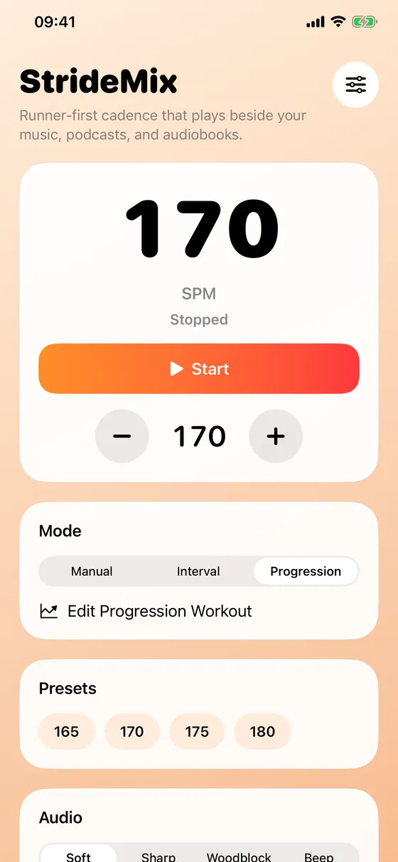 StrideMix running metronome set to 170 steps per minute