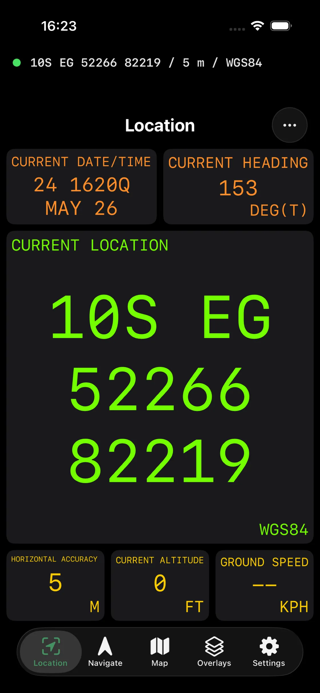 Ten Digit showing a 10-digit MGRS grid reference over a dark map
